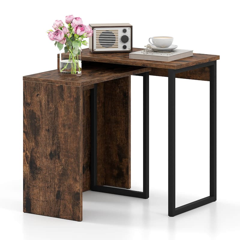 Costway Set of 2,Nesting Coffee Table 2-in-1 Faux Wood Top Sofa Side - See Details - as pic shows - See Details