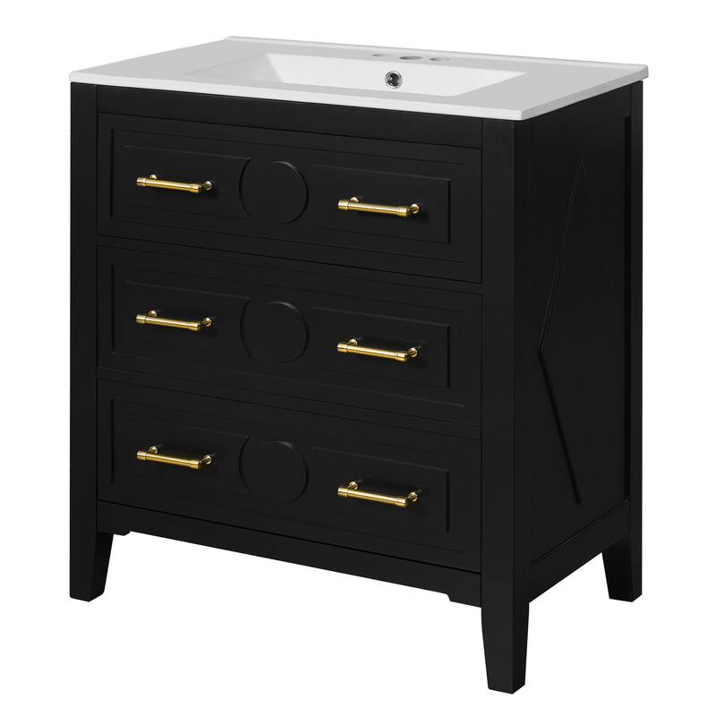 30" Bathroom Vanity with Ceramic Sink, Solid Wood Storage Cabinet, Freestanding 3-Drawer Vanity Set
