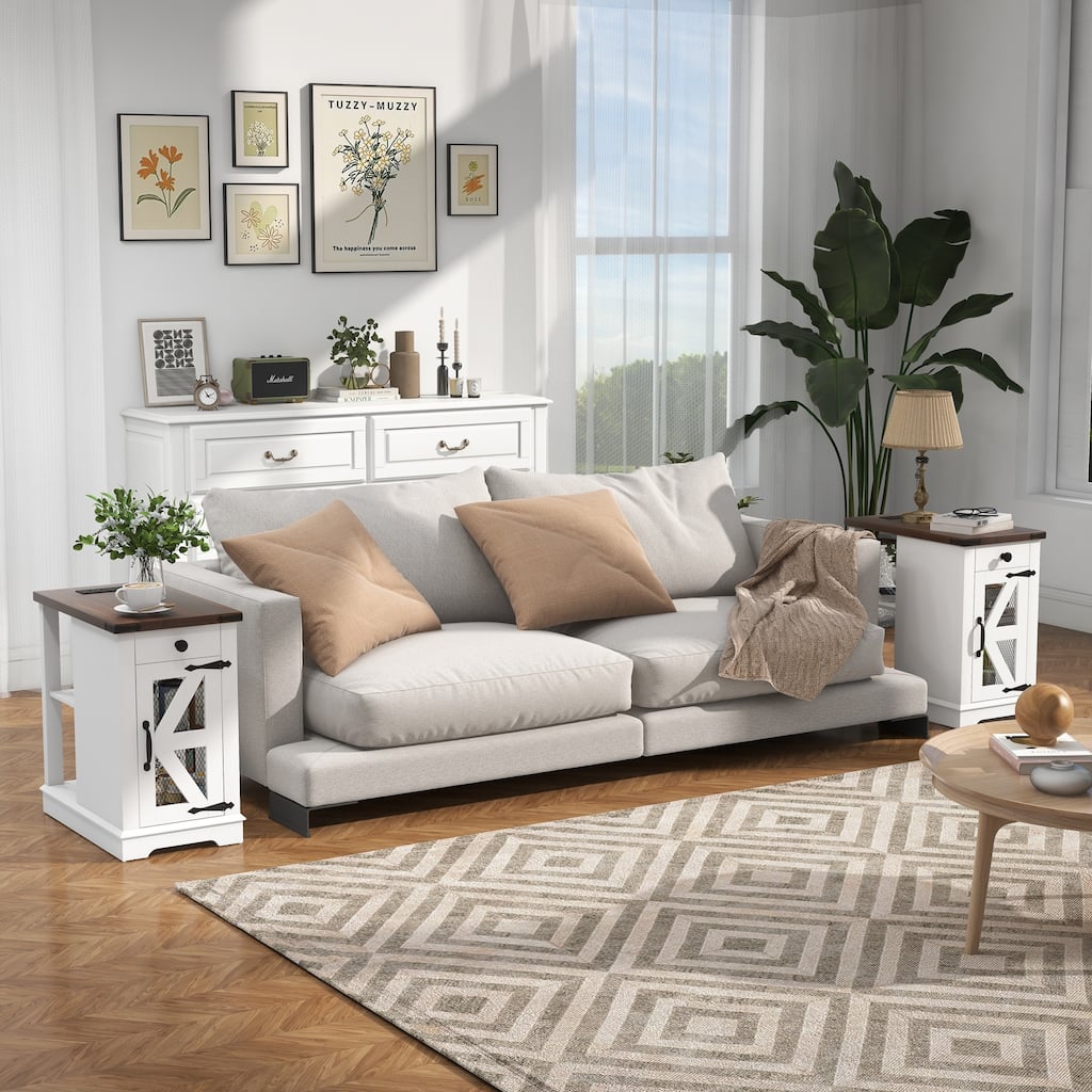 2 Pcs Side Table with Charging Station with Storage Shelf and Drawers