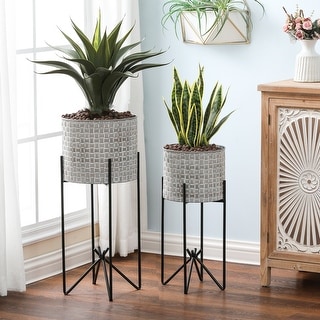 Grey Metal Cachepot Planters with Black Metal Stands (Set of 2)