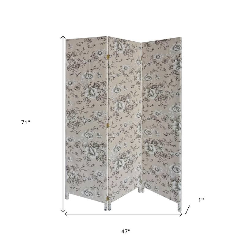 HomeRoots 71" Beige and Black Fabric Folding Three Panel Screen Room Divider - 47' X '71' X '1