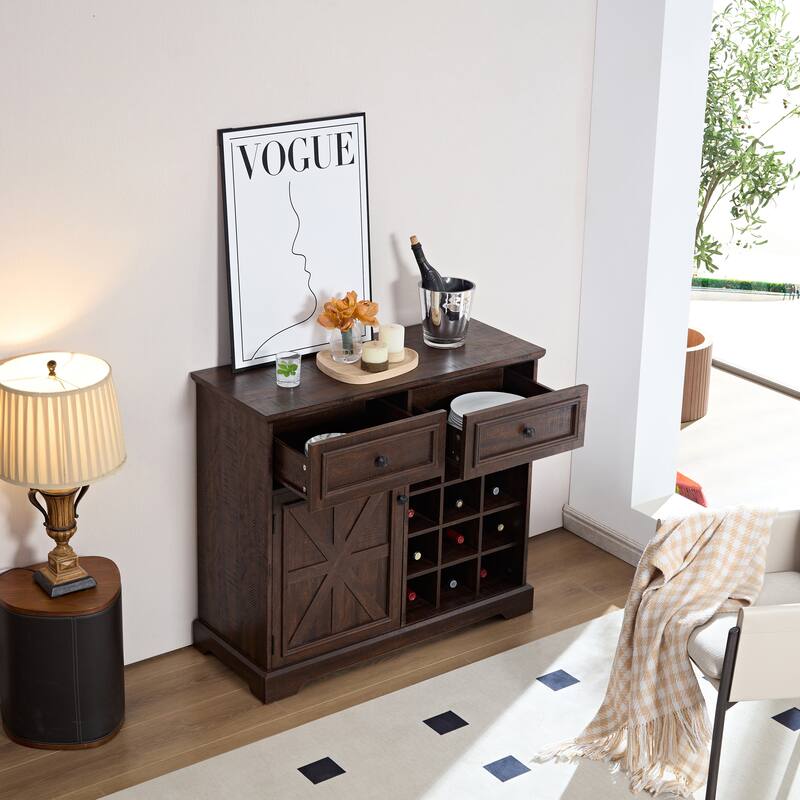 Buffet Sideboard Wine Bar Storage Cabinet with 12 Wine Rack & Drawers - Espresso