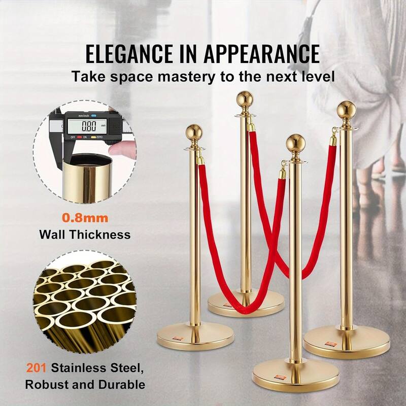 Velvet Ropes and Posts, 5 ft/1.5 m Red Rope, Stainless Steel Gold Stanchion with Ball Top
