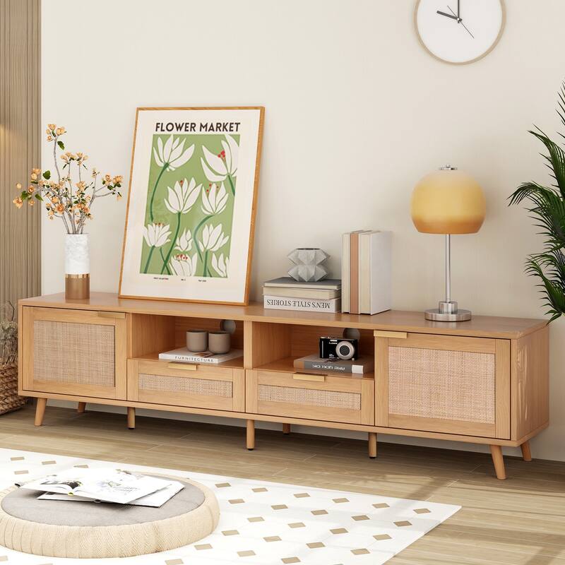 Modern Farmhouse Style Rattan TV Stand for TVs Up to 85" with 2 Storage Cabinets and 2 Open Shelves, for Living Rooms