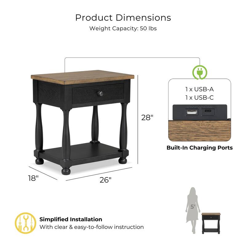 Furniture of America Lucan Farmhouse Black Solid Wood 1-Drawer Table with USB Port (Set of 2)