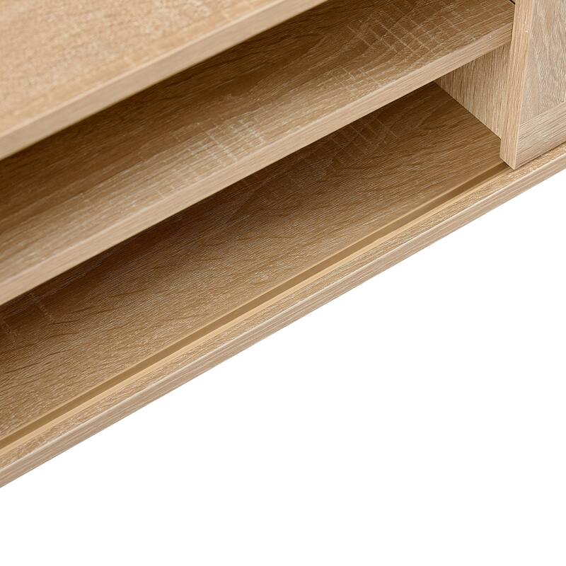 Natural 55.12" TV Stand with Double Sliding Doors, Solid Wood Legs and Adjustable Shelf for Living Room