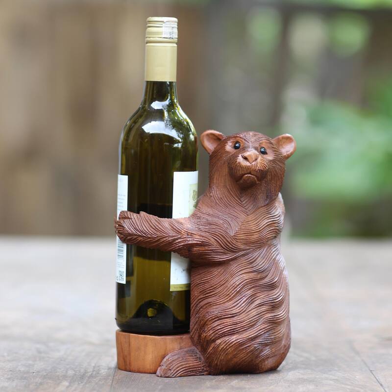 Novica Handmade Polar Bear Hug Wood Wine Bottle Holder