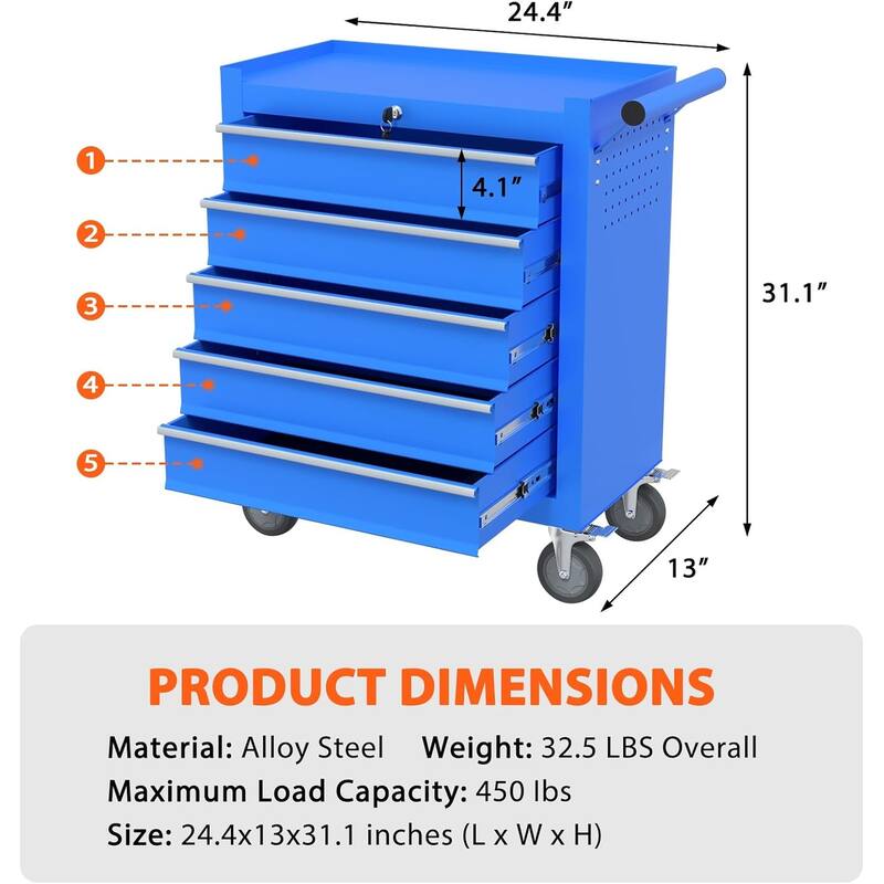 5-Drawer Rolling Tool Chest Storage Cabinet with Wheels