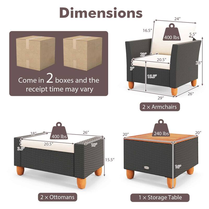 Costway 5 PCS Patio Furniture Set with Storage Table Ottomans Soft - See Details