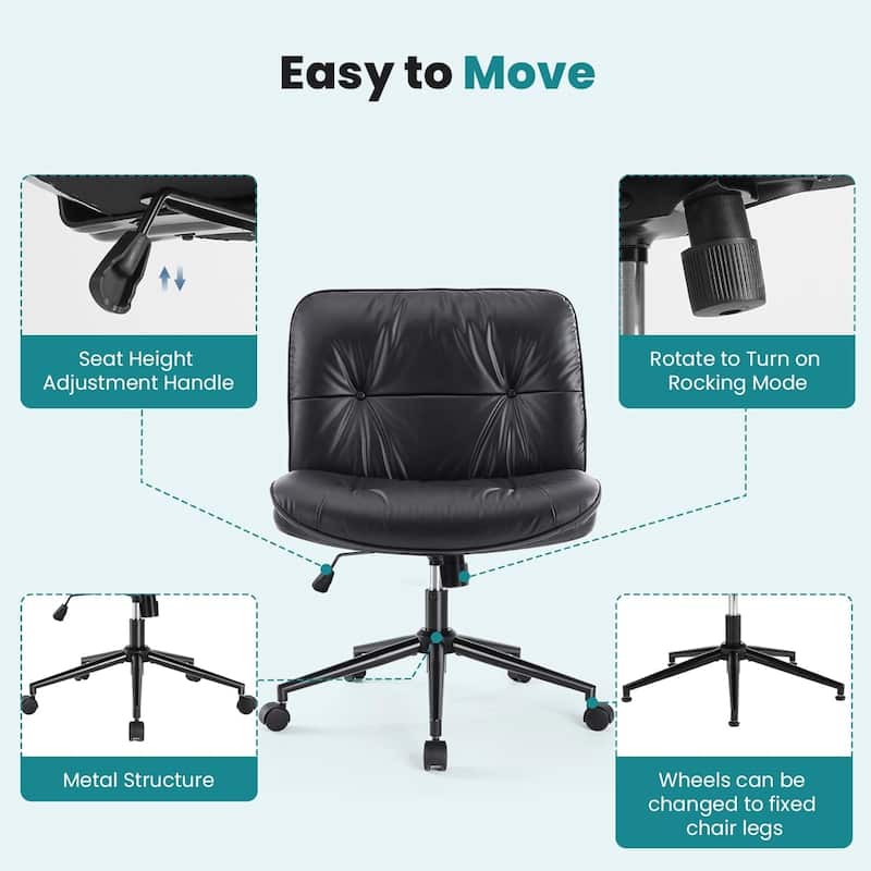 Criss Cross Chair with Wheels, Legged Home Office PU Leather Wide Armless Desk Seat - 27"D x 26.4"W x 34.8"H