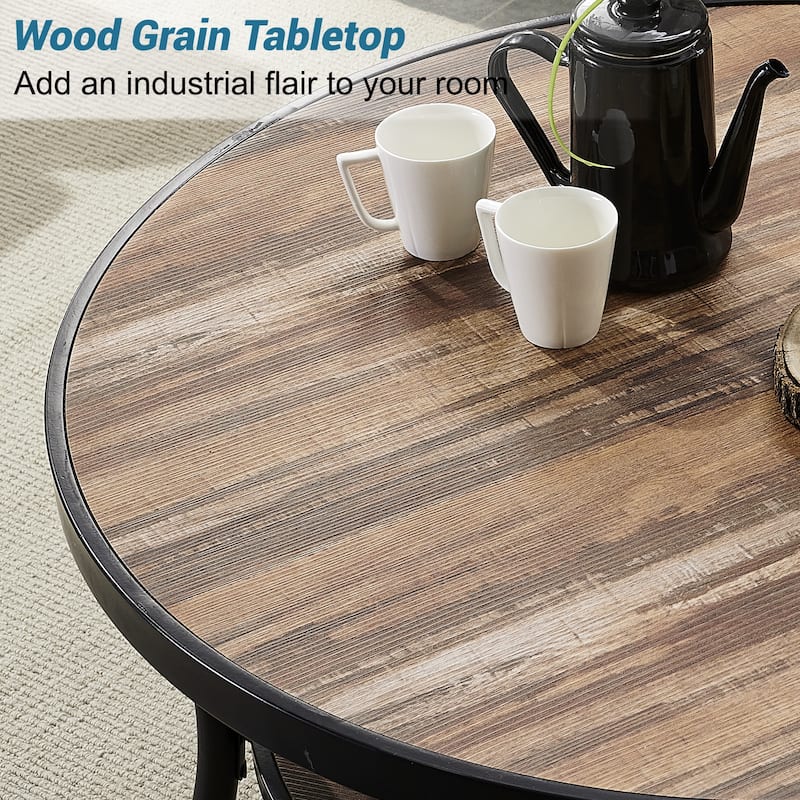 Myhozm Industrial Round Metal Coffee Table with Shelf for Living Room,Home Office and Bedroom