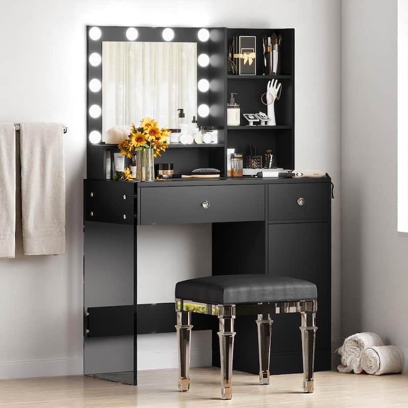 Modern Vanity Table with Hollywood Mirror, 3-Mode LED Lights, Glass Legs, 2 Drawers and USB Charging Station - Black