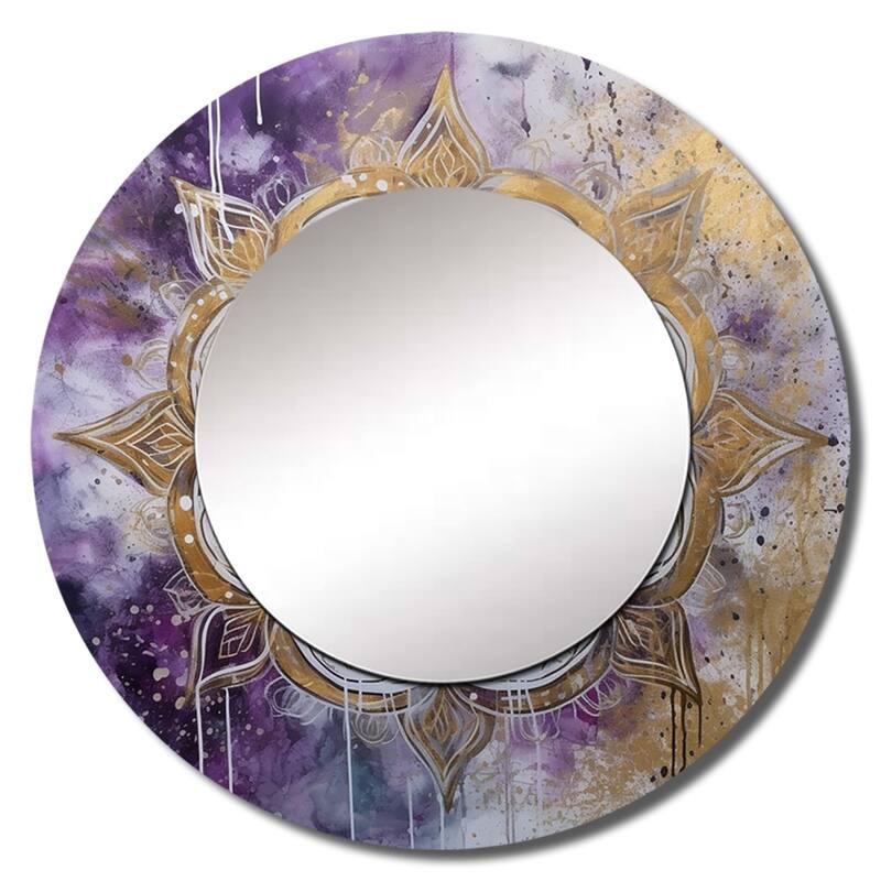 Designart "Purple And Gold Mandala I" Boho Mandala Living Room Mirror - Purple Traditional Round Mirror