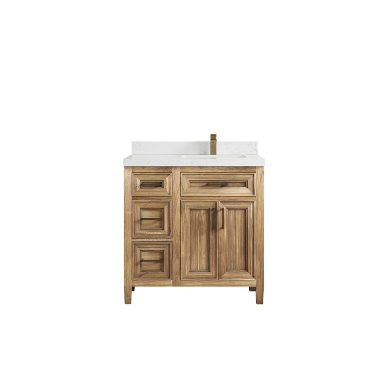 Willow Collections 36 in. W x 22 in. D Santa Monica Teak Right Offset Sink Bathroom Vanity with Countertop - 2" Empira White - Whitewashed Teak
