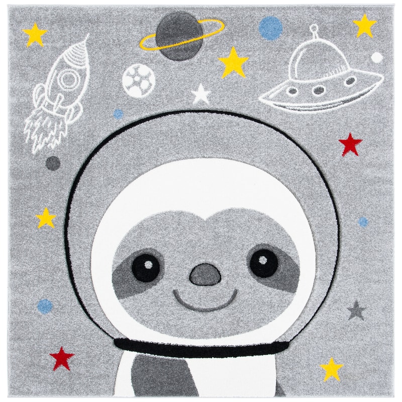 SAFAVIEH Carousel Kids Kolbrin Sloth Astronaut Rug - 3' Square - Grey/Ivory