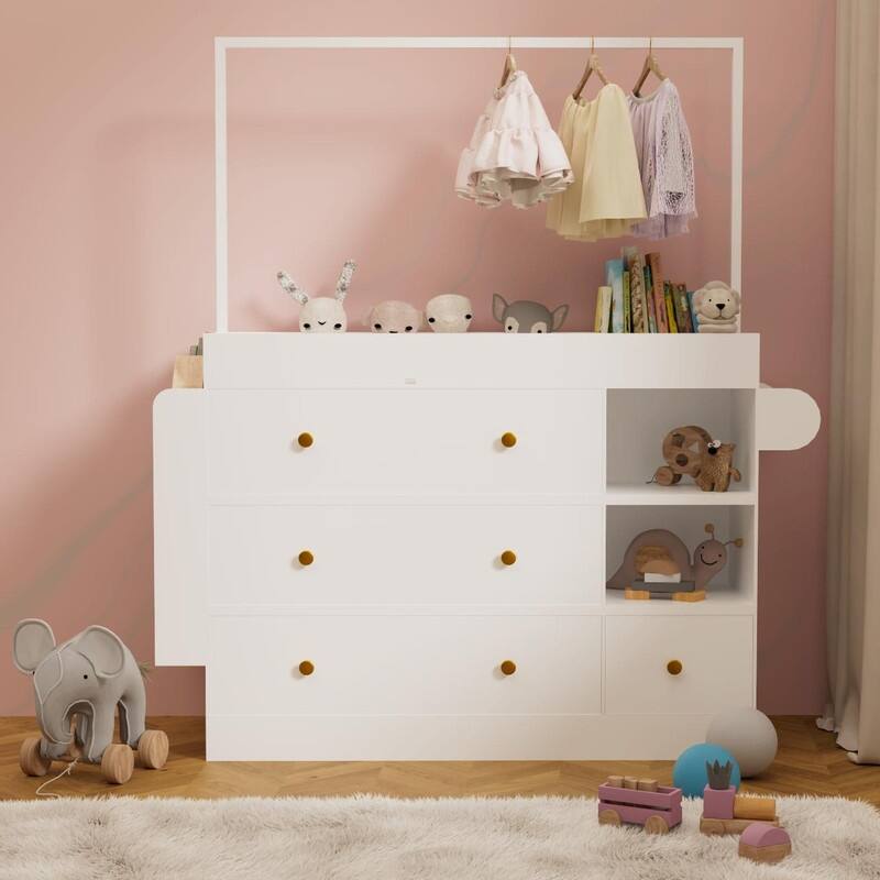 Modern Baby Changing Table Dresser with 3 Deep Drawers, Storage Shelves, Hangers & Drying Rack - White