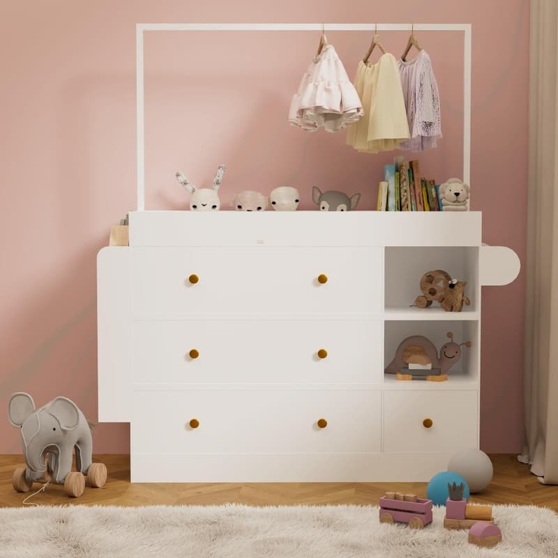 Modern Baby Changing Table Dresser with 3 Deep Drawers, Storage Shelves, Hangers & Drying Rack
