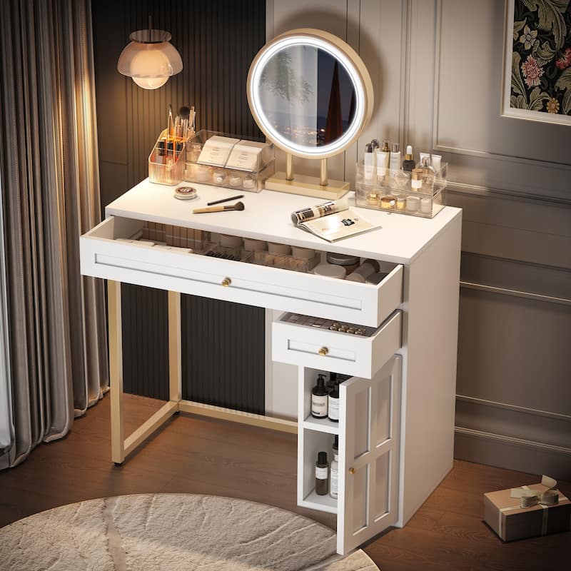 31.5'' Makeup Vanity Desk with Lighted Mirror, Luxury Dressing Table with 2 Drawers and 1 Cabinet, 3 Lighting Modes Available