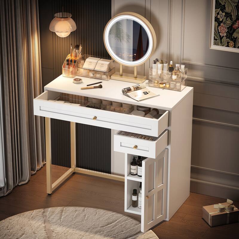 Makeup Vanity Desk with Lighted Mirror, Luxury Dressing Table with 2 Drawers 1 Cabinet, 3 Lighting Modes Available for Bedroom