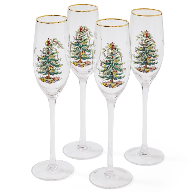 Spode Set of 4 Christmas Tree Champagne Flutes - 2.75" D x 10.25" H - Clear - 4 Piece - 2.75" D x 10.25" H