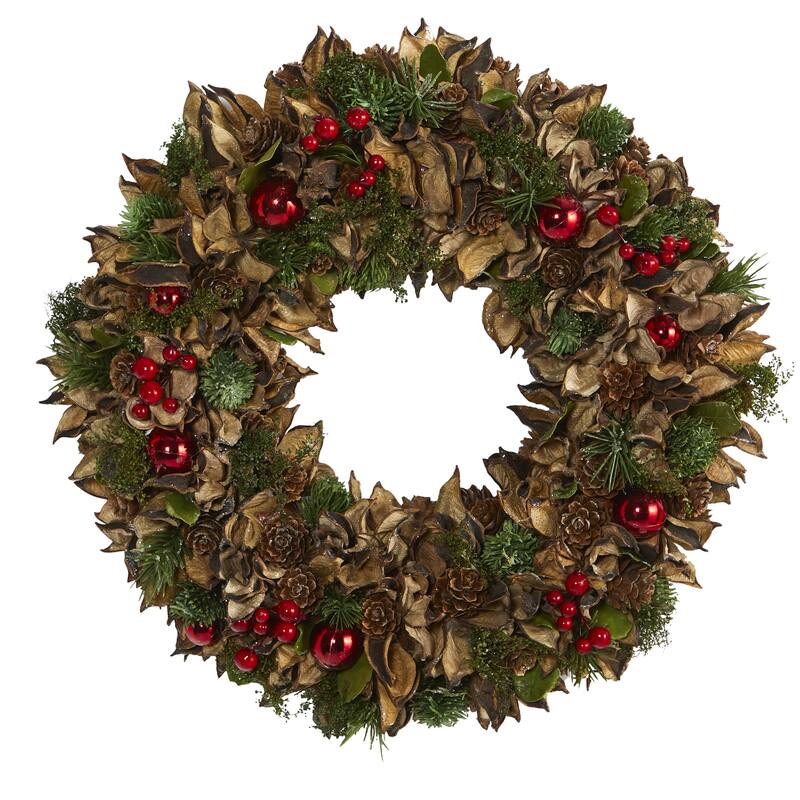 Pine Cones Berries Ornaments Artificial Christmas Wreath, 15", Unlit