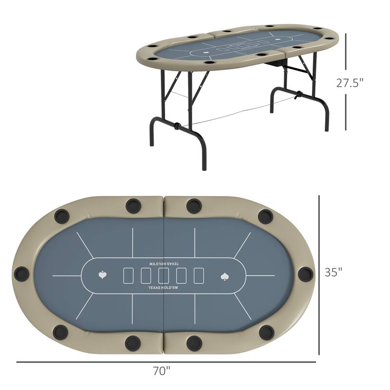 Soozier Foldable 70" Oval 10-Player Multi-Game Casino Poker Table with Integrated Cup Holders - Blue & Brown - N/A