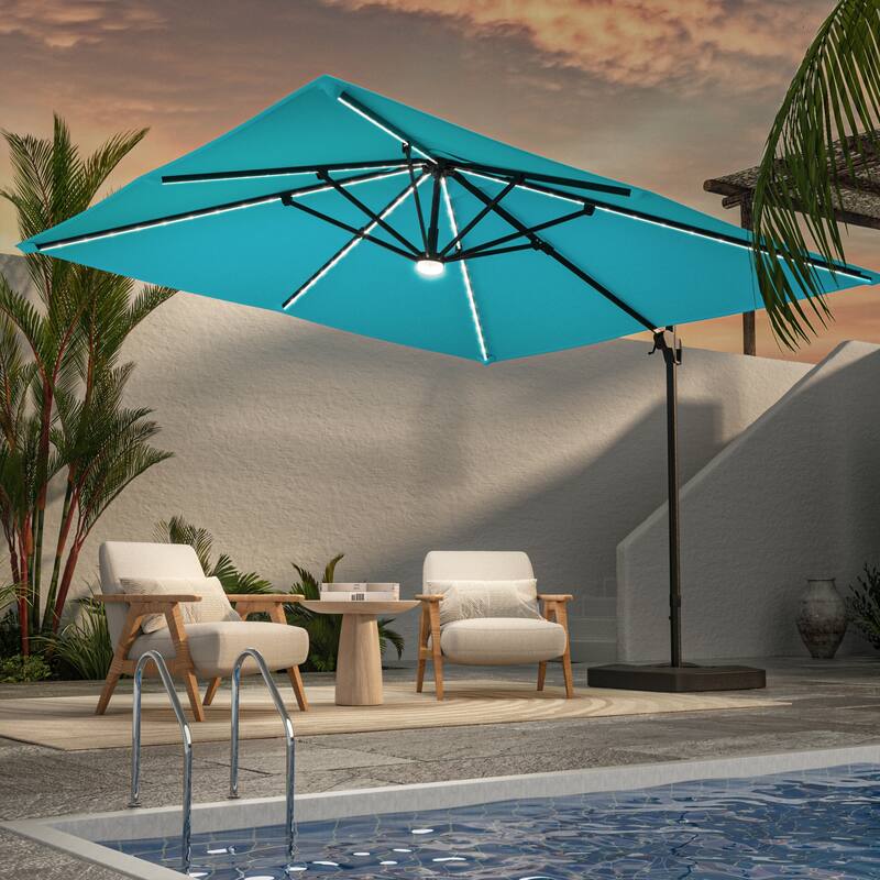 LIVOOSUN Patio10x10FT LED Aluminum Cantilever Umbrella Solution-Dyed Fabric w/Base - LightBlue