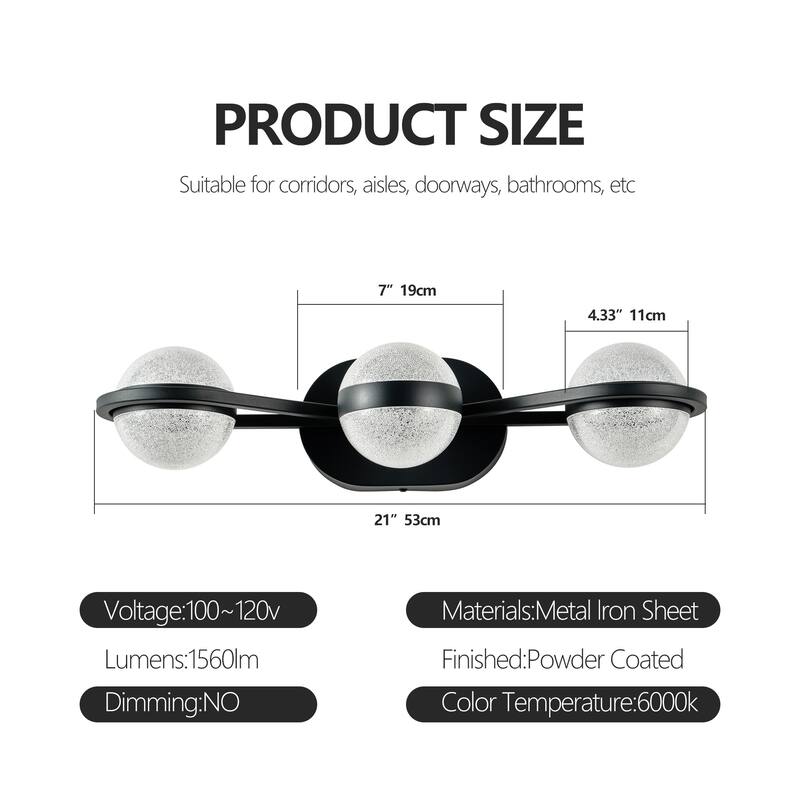 Bathroom Vanity Light, LED 3 Bulb Crystal Sand Acrylic Shades, Wall Mounted Decorative Lighting Fixture