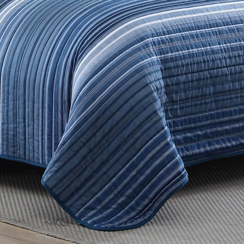 Nautica Coveside Seascape Stripe With Solid Reverse Cotton Quilt (Blue, 3 Piece Set)