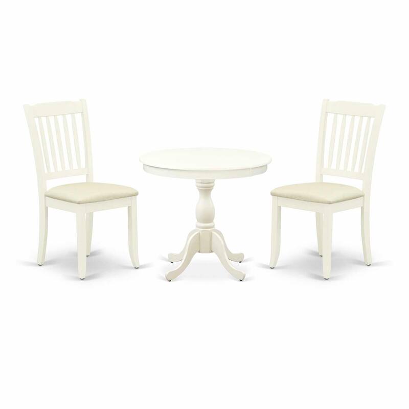 3-Piece Linen White Finish Solid Wood Top - Round Dining Room Set - Seats 4