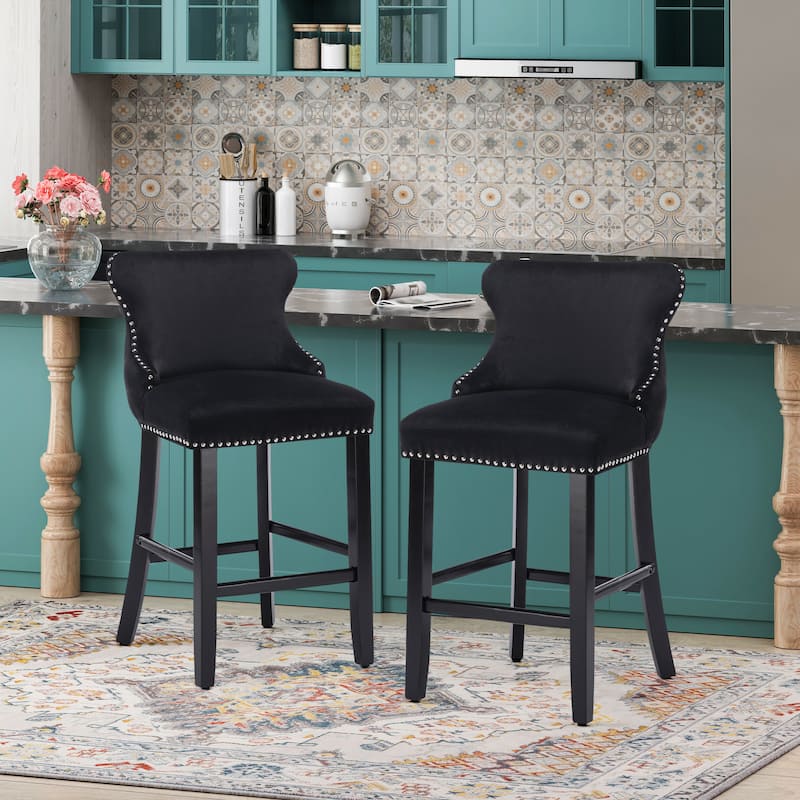 Contemporary Velvet Upholstered Wing-Back Barstools with Button Tufted Decoration Leisure Style Bar Chairs