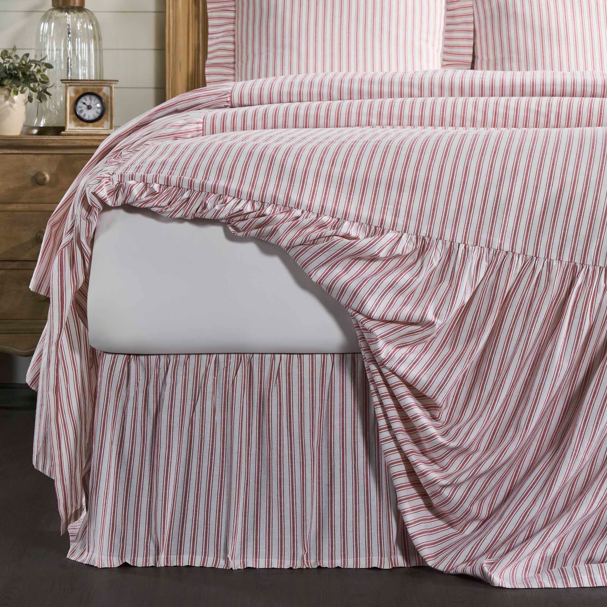 Timeless Ticking Red Ruffled California King Bed Skirt