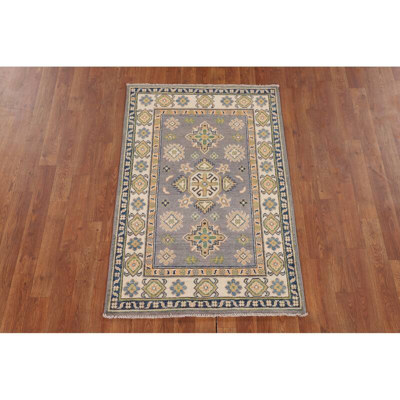 Gray Geometric Kazak Accent Rug Handmade Wool Carpet - 2'8" x 4'2"
