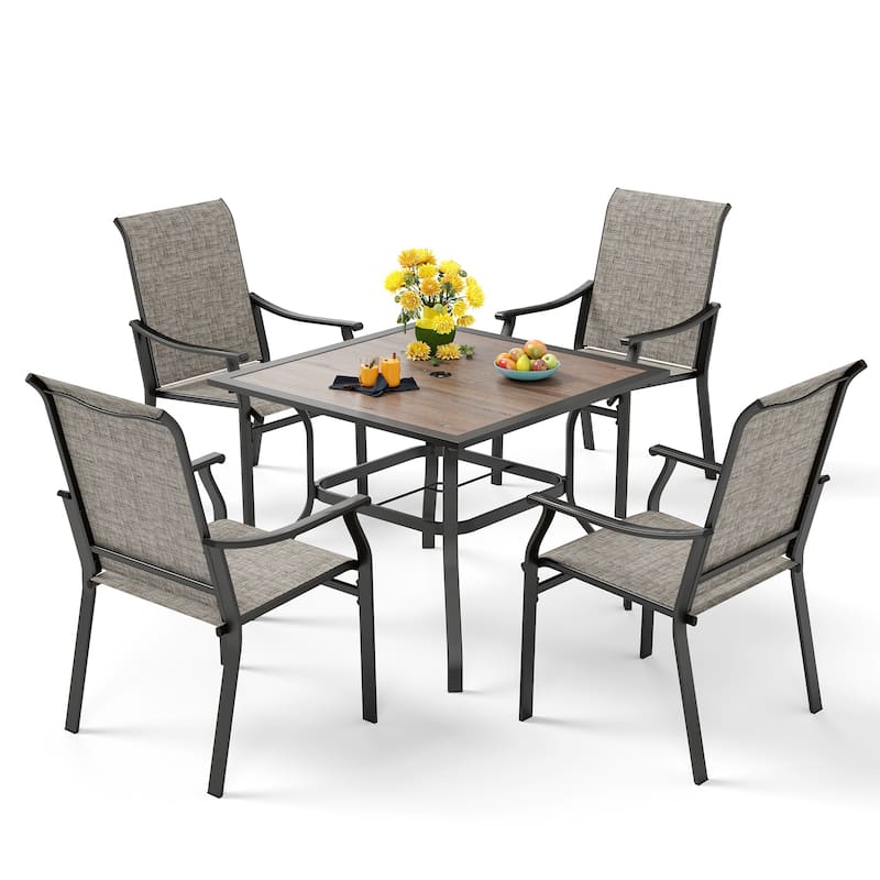 MAISON ARTS 5-Piece Patio Dining Set, 37 Inch Square Metal Table and 4 Textilene Fabric Padded Armchairs