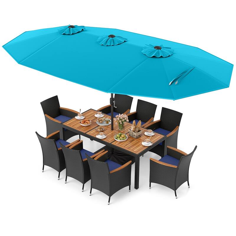 Costway 11 PCS Patio Wicker Dining Set with Double-Sided Outdoor - See Details - Turquoise+Navy