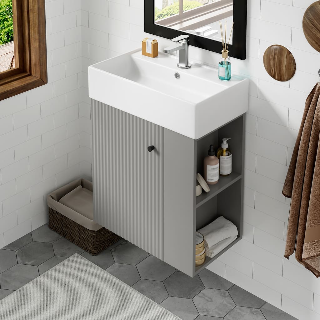 Floating Bathroom Vanity with Sink, Wall Mounted Bathroom Storage Cabinet, Small Bathroom Cabinet with Right Open Shelves