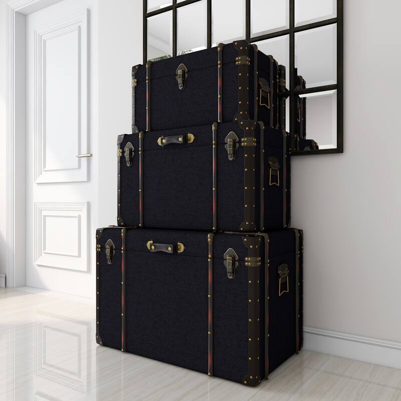 Linen Fabric Nesting Upholstered Decorative Trunk with Buckle Hinged Top - Set of 3 Blue - Roche River Decor