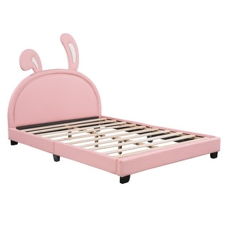 Pink Full Rabbit Ear Upholstered Leather Platform Bed w/ Slats Support ...