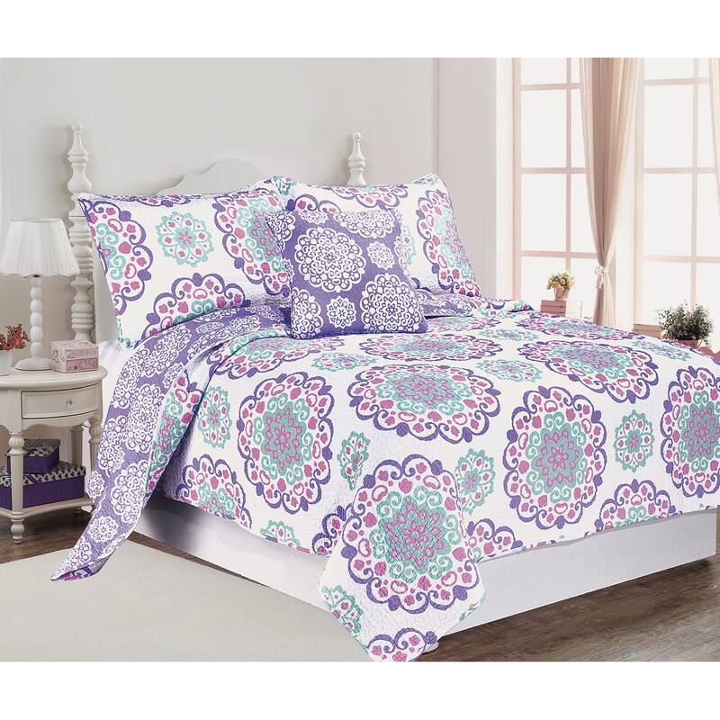 Vivian Lilac Medallion Cotton Reversible Quilt Set with Throw Pillow