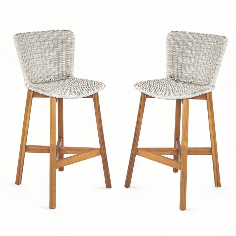 Outdoor Bar Stool, Wood with Wicker, Set of 2