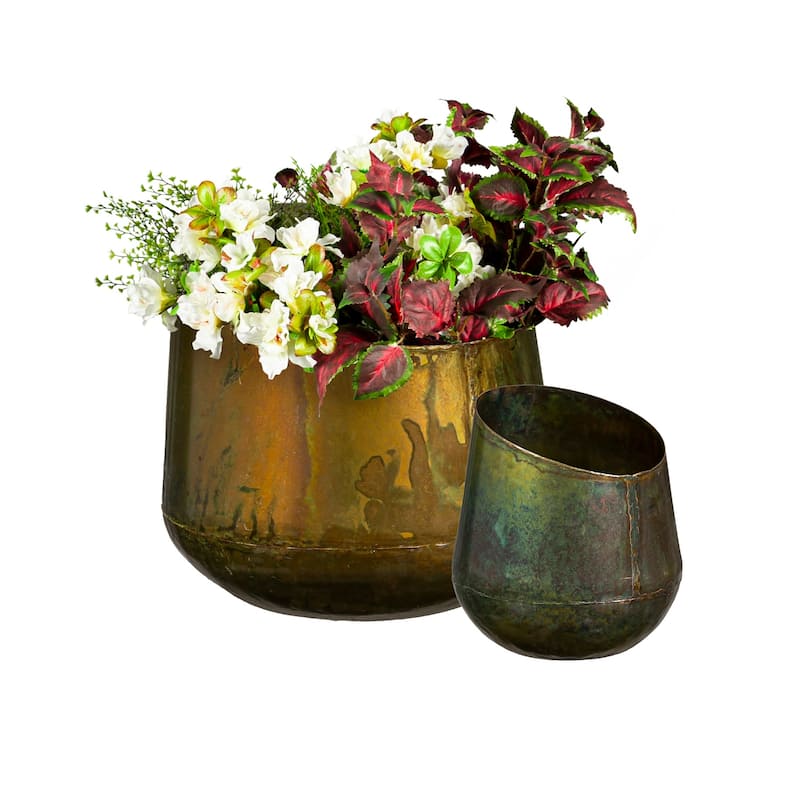 Nested Aged Brass Patina Finished Planters with Asymmetrical Top (2-Pack)