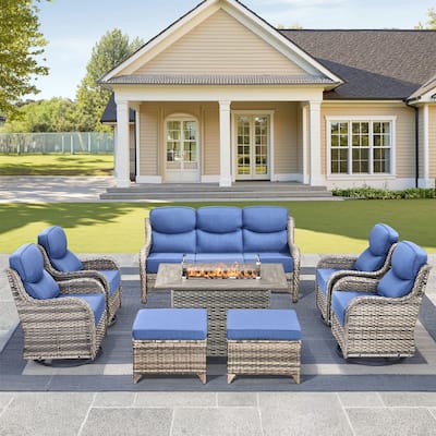 Pocassy 8 Pieces Outdoor 6 Inch Sofa Swivel Chair Ottoman with Fire Table