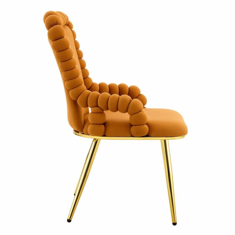 Set of 2 Puffy Bubble Velvet Dining Chairs with Ball Chain Design & Gold Legs