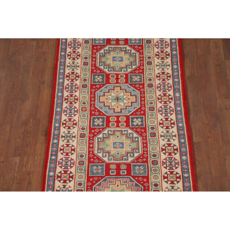 Geometric Kazak Runner Rug Hand-Knotted Oriental Red Wool Carpet - 2'9" x 9'11"