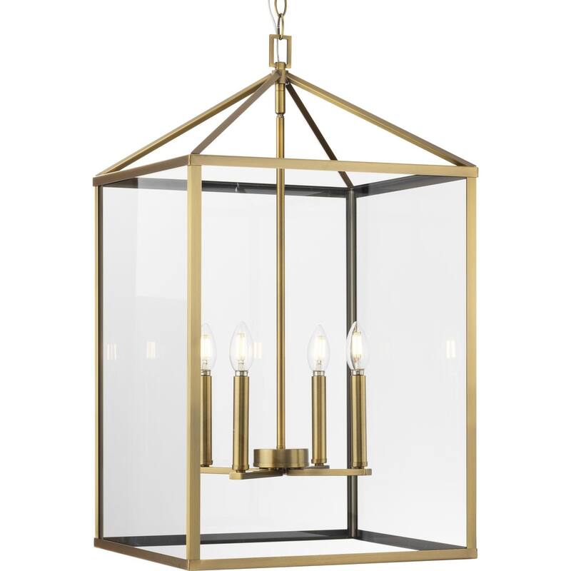 Hillcrest Collection Four-Light Vintage Brass Transitional Hall & Foyer Light - 17 in x 17 in x 29.75 in - 17 in x 17 in x 29.75 in