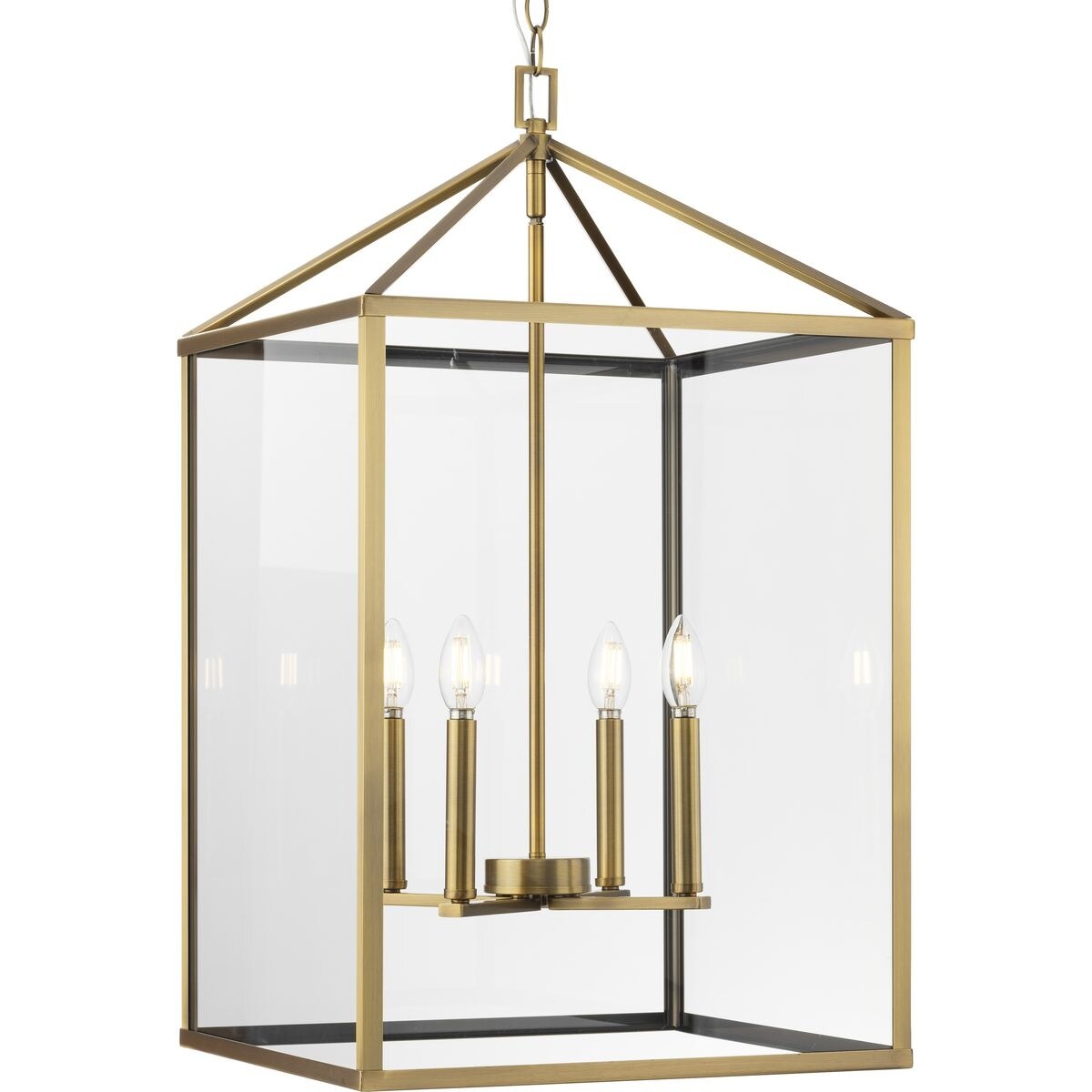 Progress Lighting Hillcrest Collection Four-Light Vintage Brass Transitional Hall & Foyer Light - 17 in x 17 in x 29.75 in
