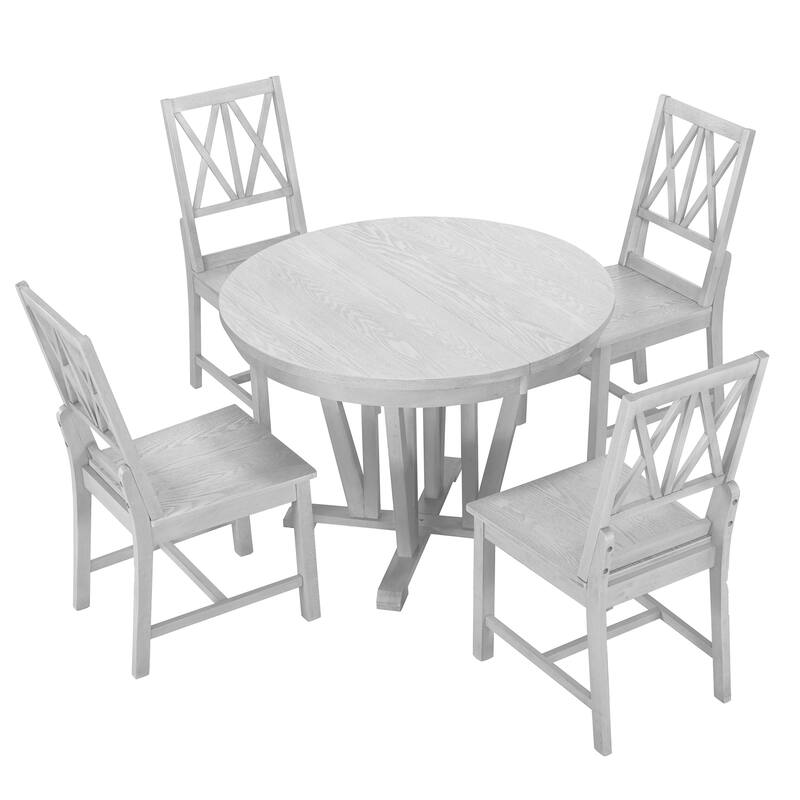 5-Piece Rustic Dining Set with Round Trestle Table, Extendable 15.8" Leaf, 4 Cross Back Dining Chairs for Kitchen & Dining Room