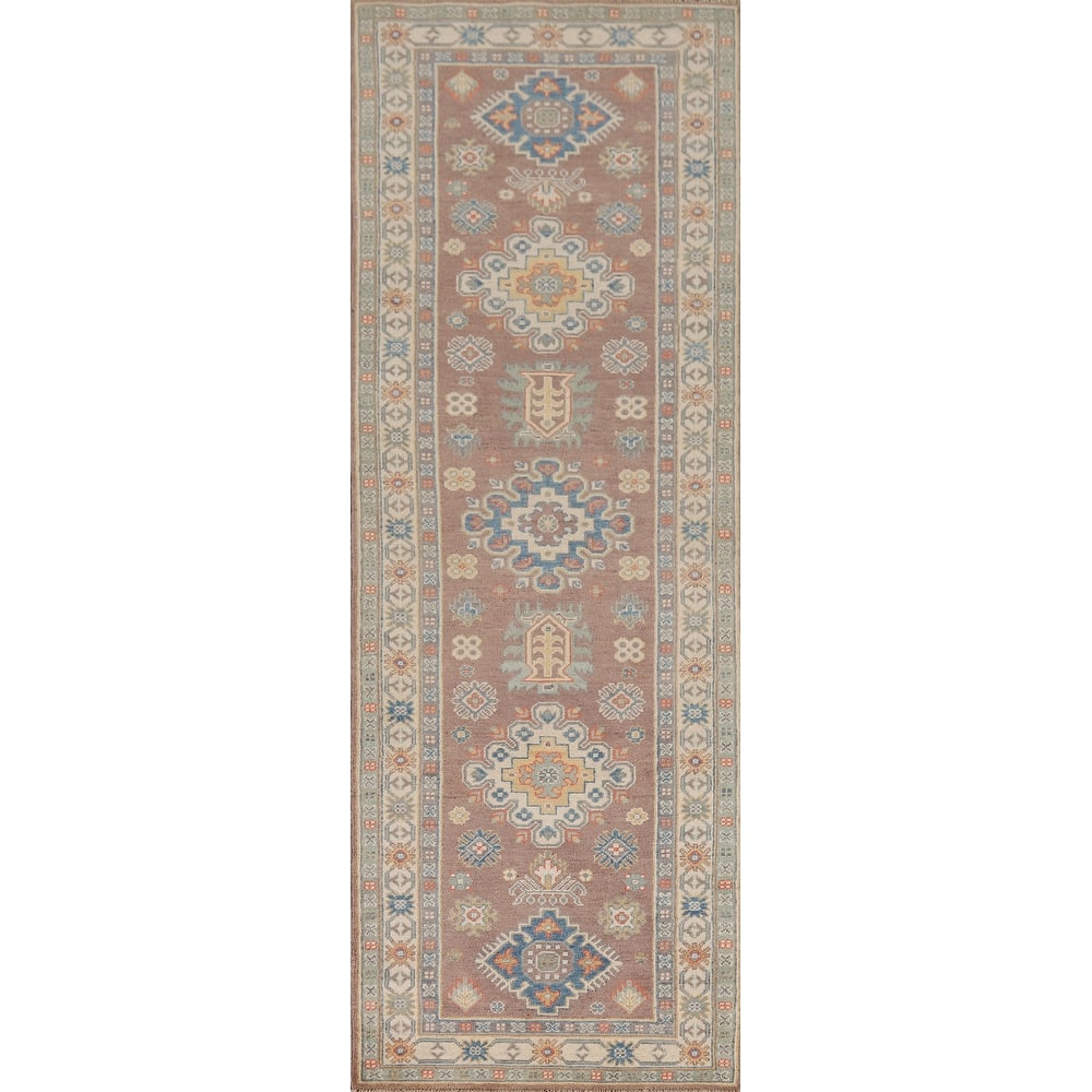 Geometric Kazak Oriental Runner Rug Handmade Wool Carpet - 2'9" x 9'10"