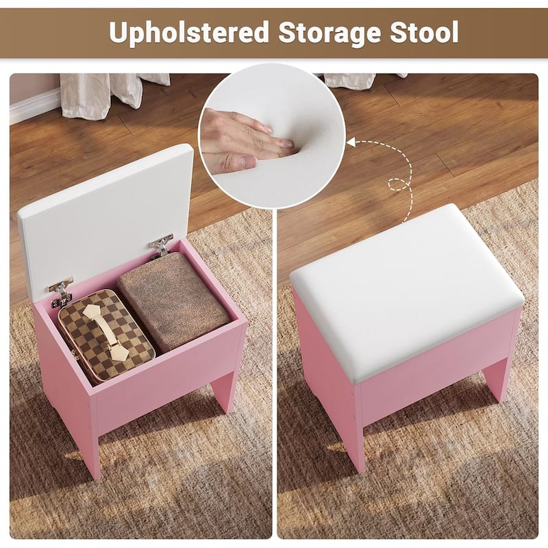 Corner Vanity Desk with Lighted Mirror Drawers Shelves Storage Stool