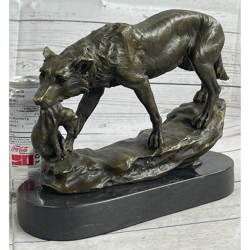 Wolf Carrying Cub Bronze Metal Statue Sculpture Marble Base 9 Inches X 11 Inches